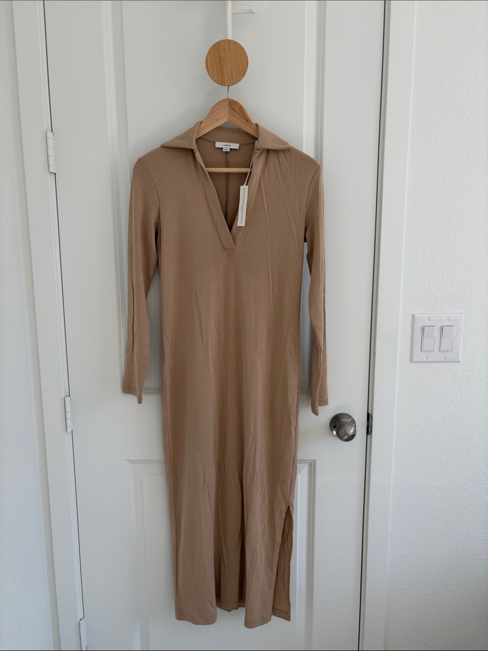 New Vince Tan Long Sleeve Collared Knit Maxi Dress